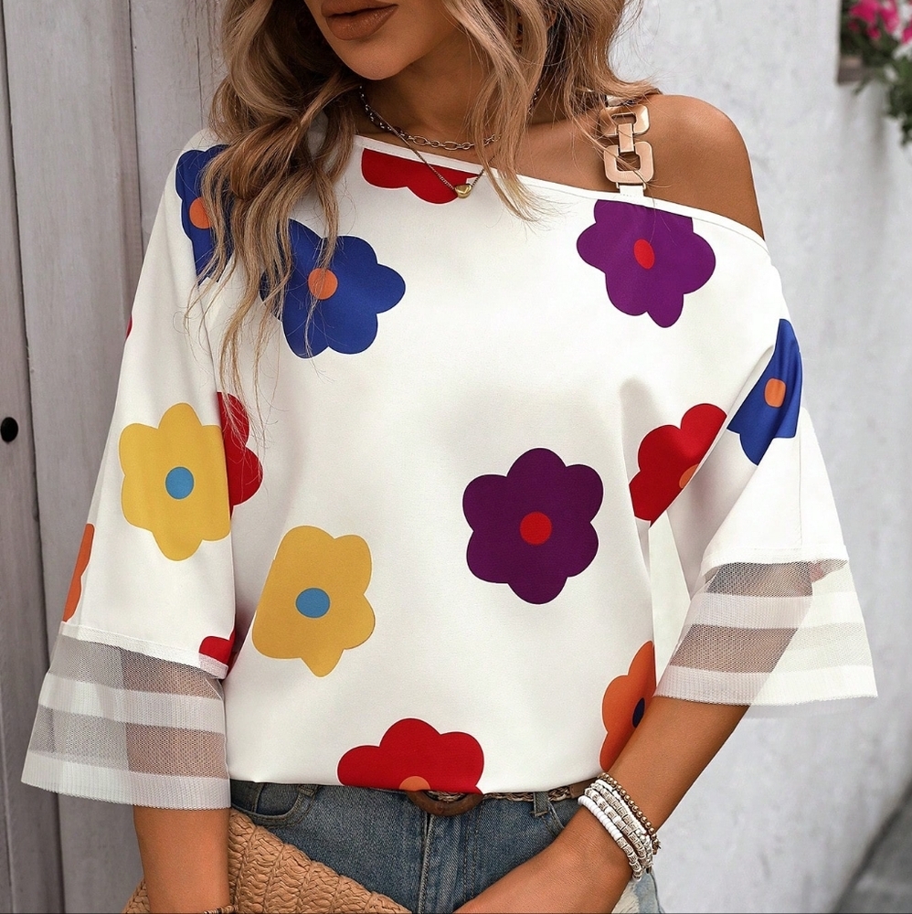 Women Spring/Summer Loose Shirt With Floral Print And Asymmetrical Collar - Picture 3 of 4